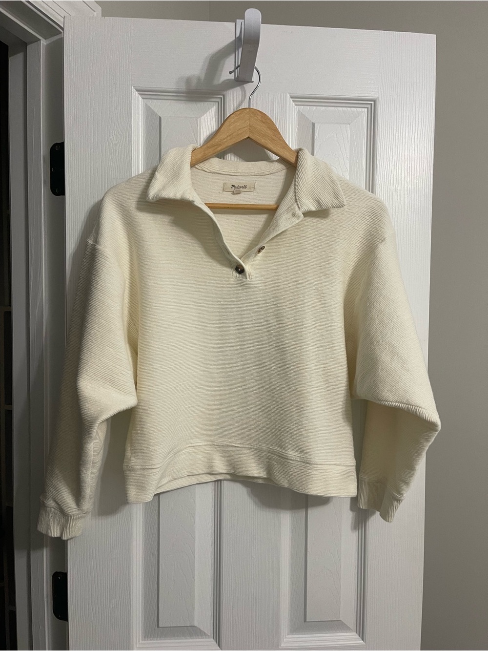 Madewell Cream Collared Cropped Long Sleeve 100% Cotton Top